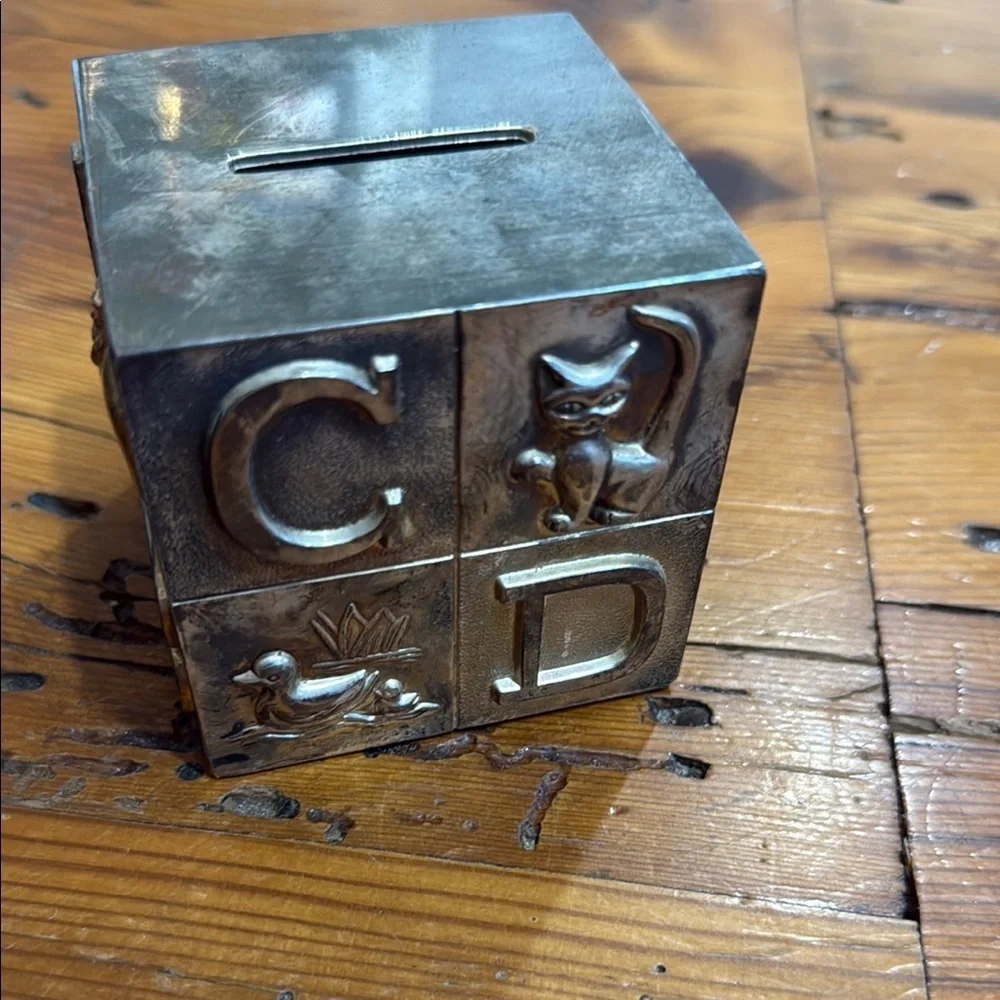 Vintage Silver Plated Alphabet Animal Piggy Coin Bank for Children 3” X 3” - Picture 4 of 12